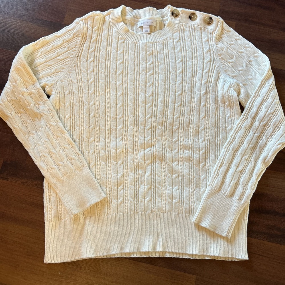 Charter Club Button-Shoulder Cream Crew Neck Cable Knit Sweater Size Large‎